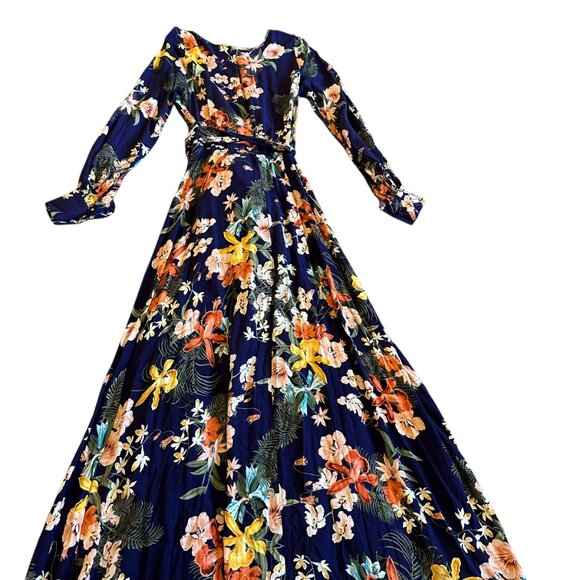 Meghan LA Lilypad Iris Navy Bell Sleeve Open Slit Maxi Dress Size Small Women's - Picture 15 of 16